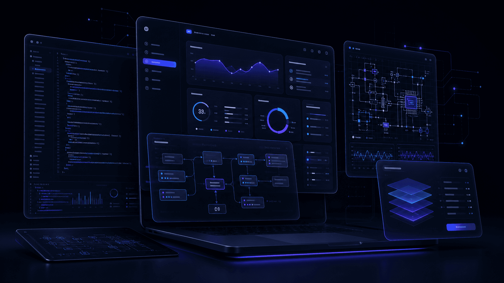 Premium dark interface composition representing Thevindu's software portfolio